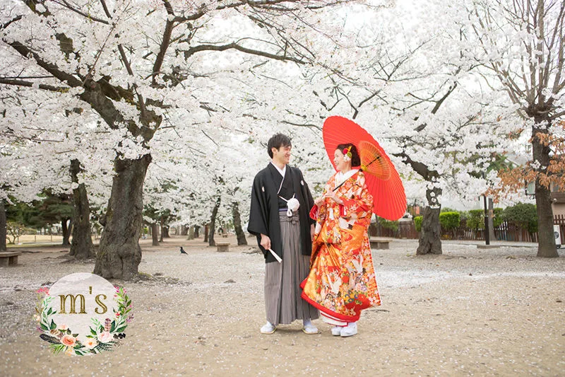 桜の松本城で